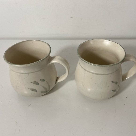 Set of 2 Matching Handmade Wheel Thrown Pottery Mugs Signed Cream Green - Picture 2 of 9